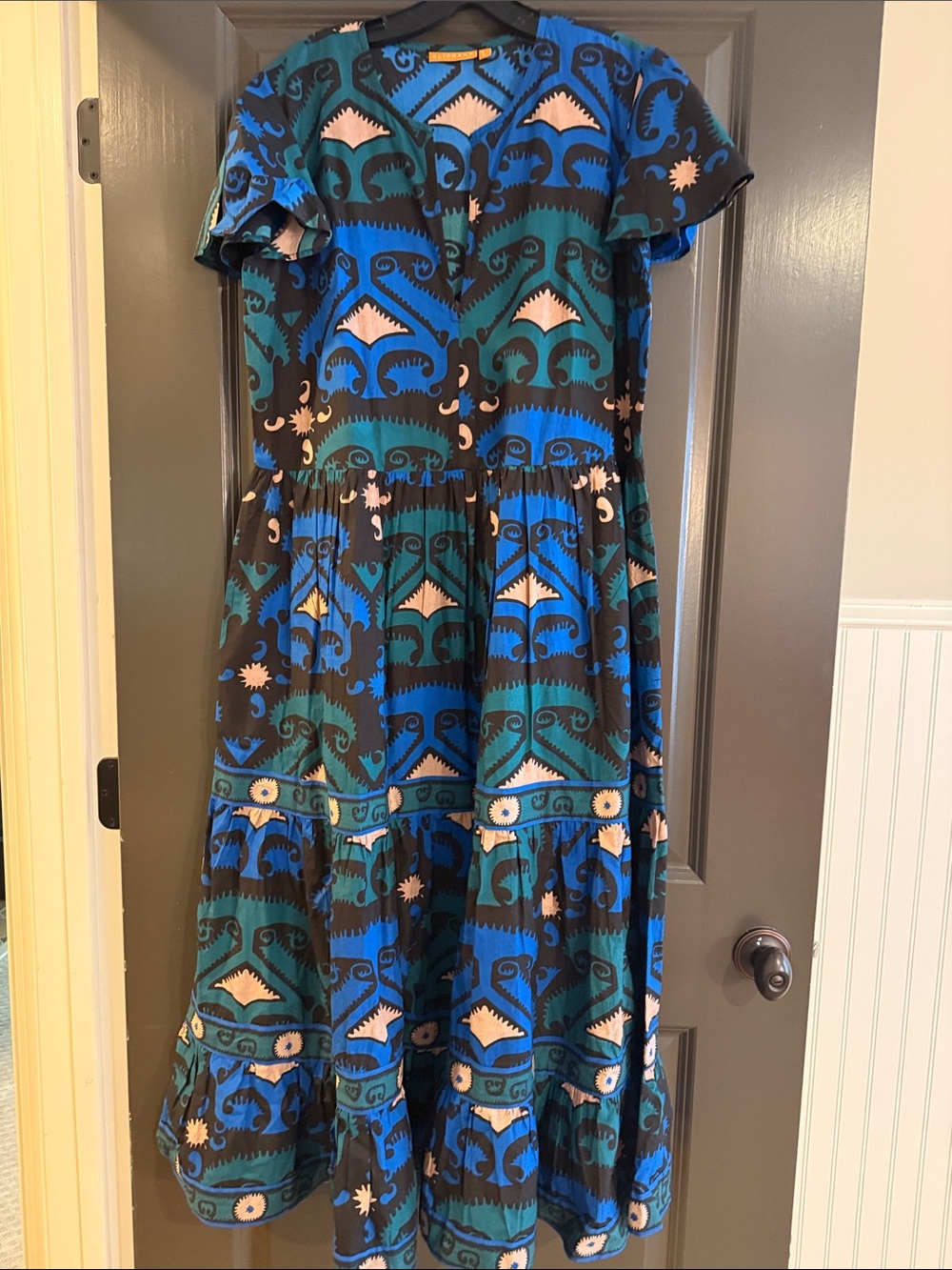 Oliphant Blue & Teal Patterned Tiered Cotton Dress